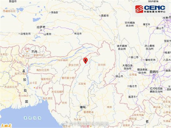 缅甸北部发生5.2级地震 中国林芝网友称有震感