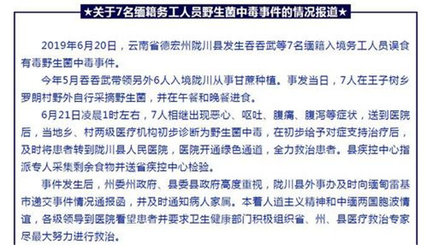 7缅籍务工人员在云南误食毒蘑菇 现已返回缅甸