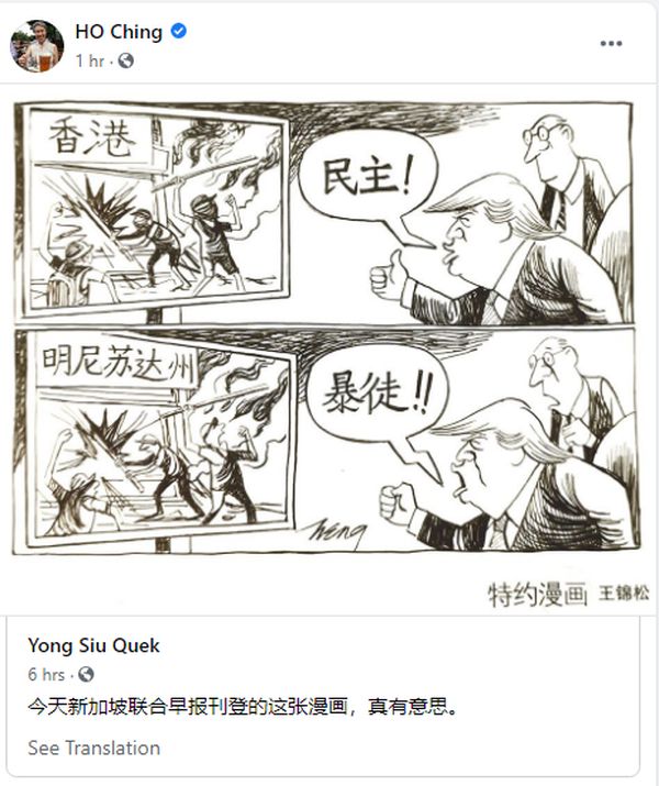 新加坡总理夫人转发了一张内涵美国的漫画，获大量点赞