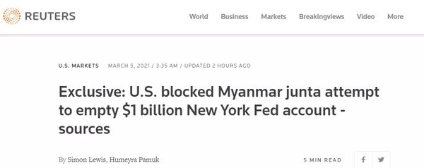 爆料：美方阻止缅甸军方转移重金