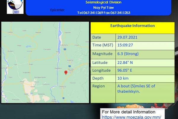 曼德勒省德贝金市附近发生6.3级地震