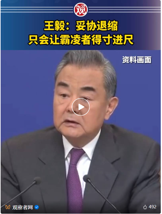 王毅：妥协退缩只会让霸凌者得寸进尺