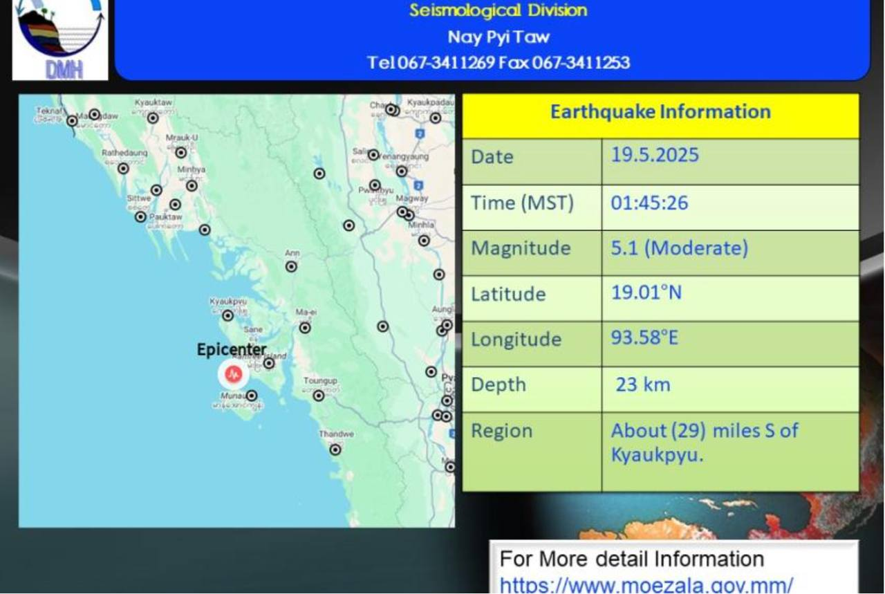若开邦皎漂附近海域发生5.1级地震