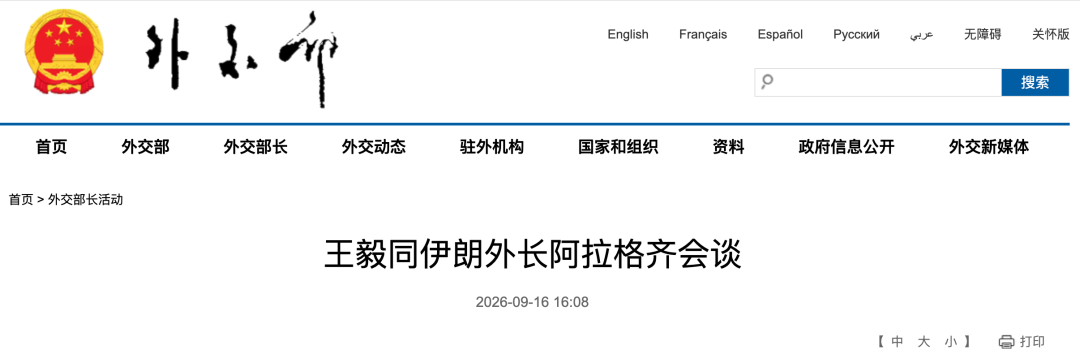 王毅同伊朗外长阿拉格齐会谈